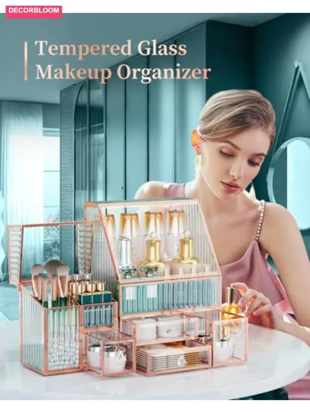 Glass Makeup Organizer - 3-in-1 Cosmetic Organizer - Vanity & Bathroom Organizer